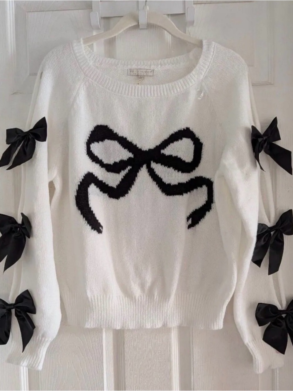 Simply Southern White Sweater with Black Bow Motif and Sleeve Bows